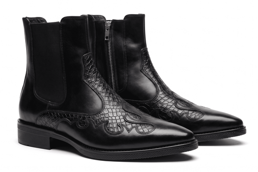 Black Leather Chelsea Boots with Croc Panel