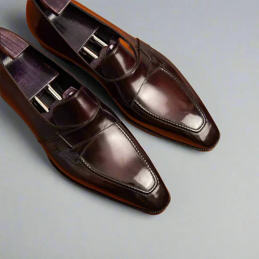 Brown leather Ibiza slip-on shoes with crossed component design and smooth finish