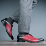 oxblood patina leather oxford shoes close up detail