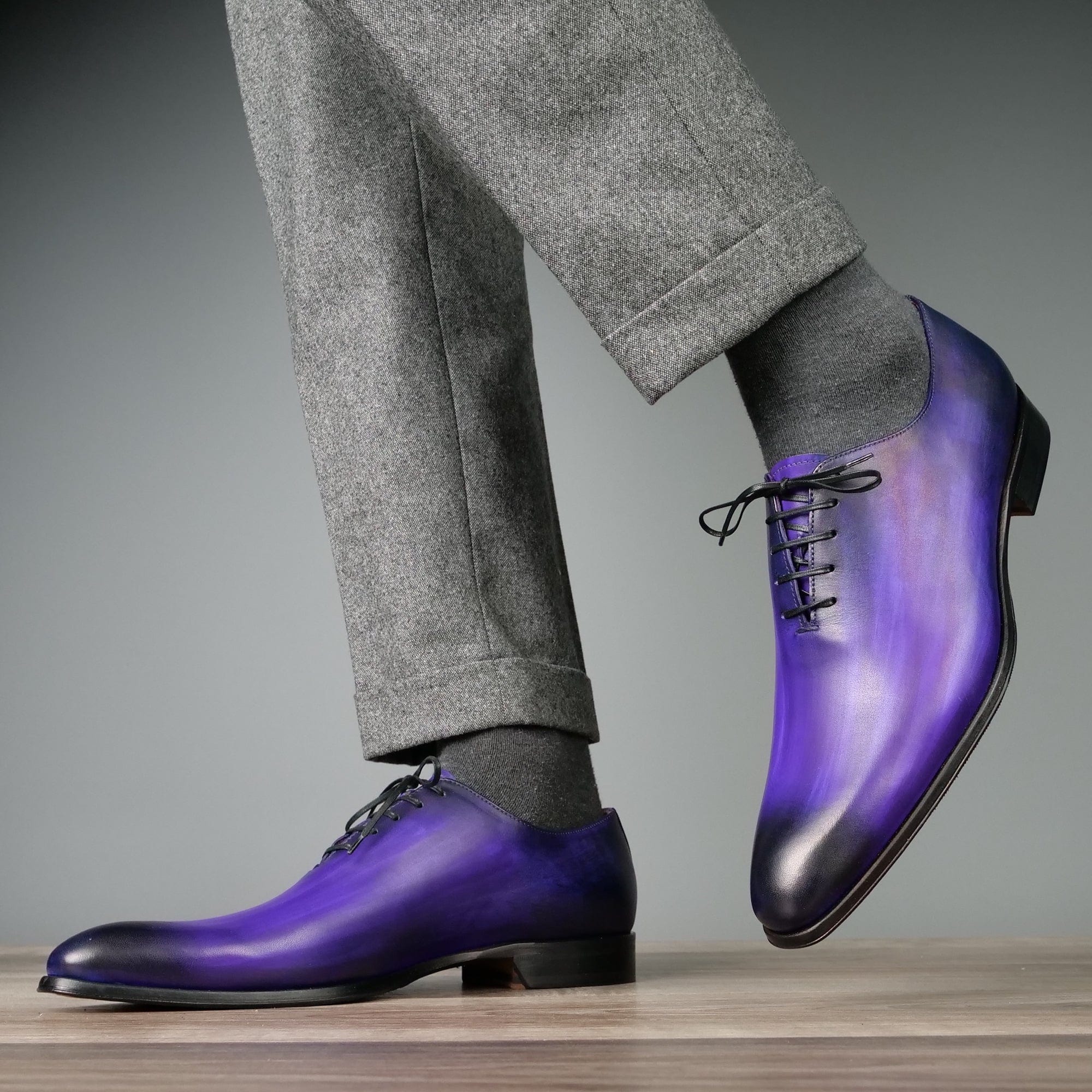 purple patina leather oxford shoes close up detail