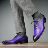 purple patina leather oxford shoes close up detail