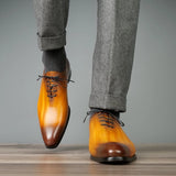 custom patina tan leather oxford shoes close up detail