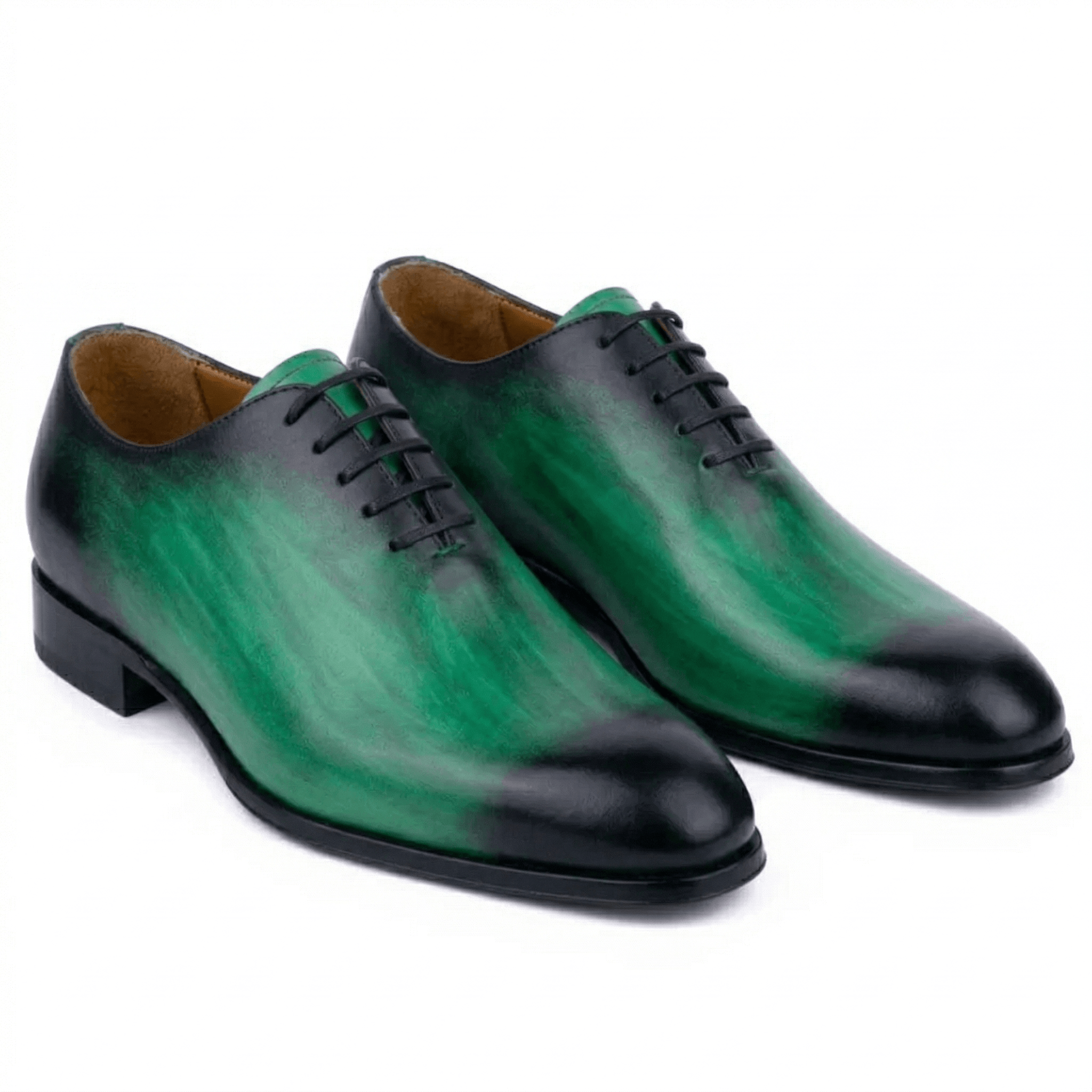 Bold emerald green and black hand-painted leather Oxford shoes for men with a dramatic smoky patina and sleek wholecut-style silhouette.