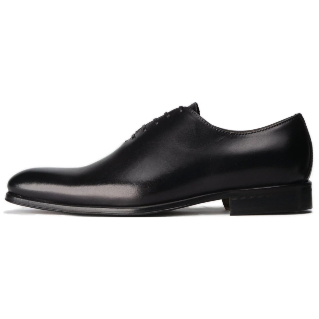 Side view of Benson Wholecut Oxford black leather dress shoes