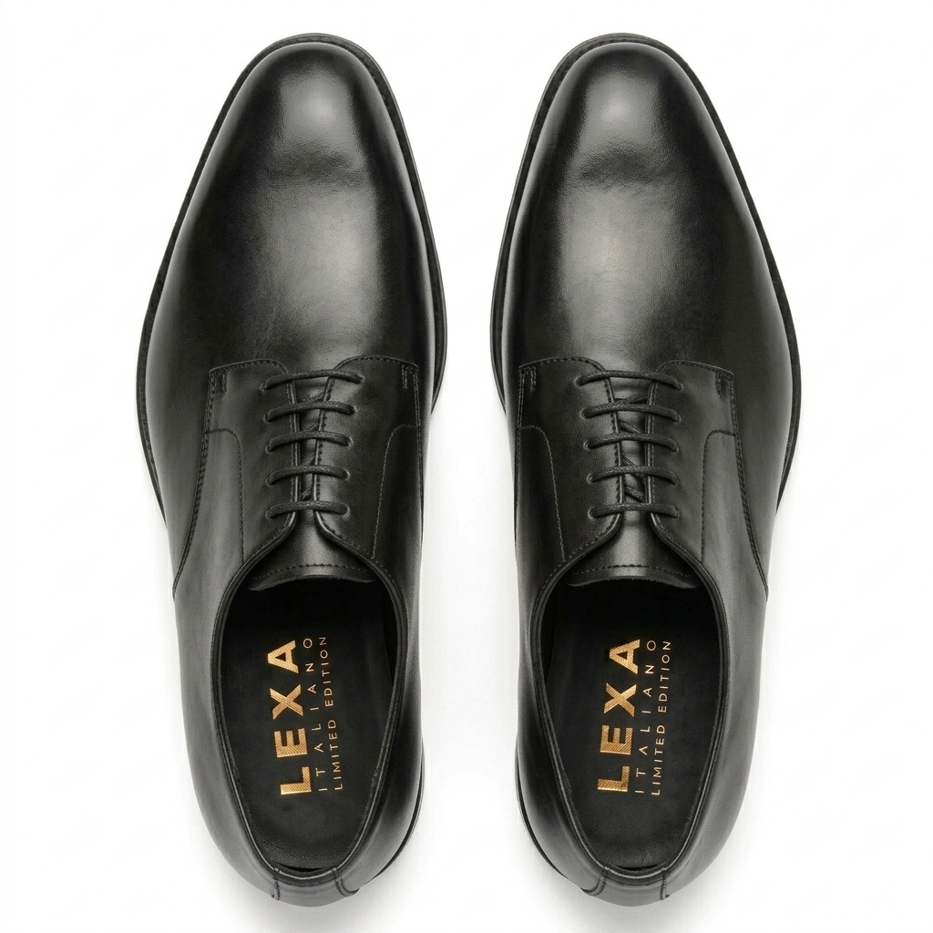 Top view of black leather Oxford shoes for men