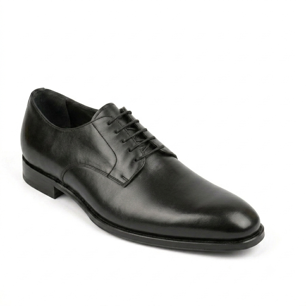Side view of black leather lace-up Oxford dress shoe