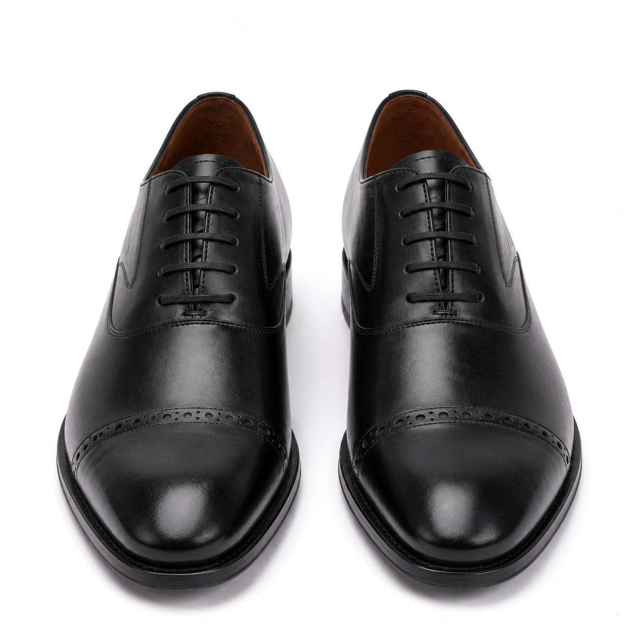 Black leather Oxford shoes front view