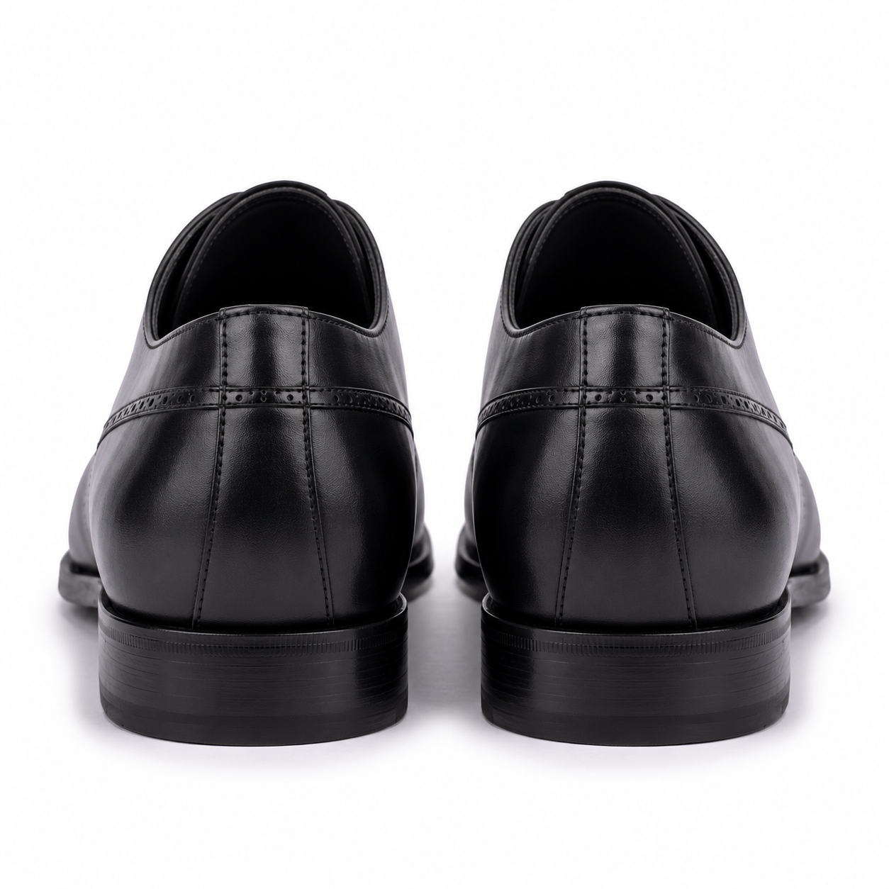 Black leather Oxford shoes viewed from the back