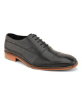 Men’s black crust leather Oxford shoes showcasing sleek profile, smooth leather texture and lace-up design