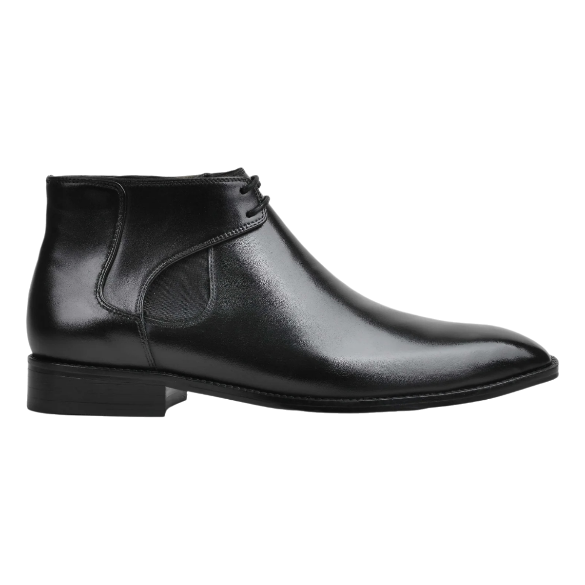 Black lace elastic boots with lace-up design and smooth premium leather finish