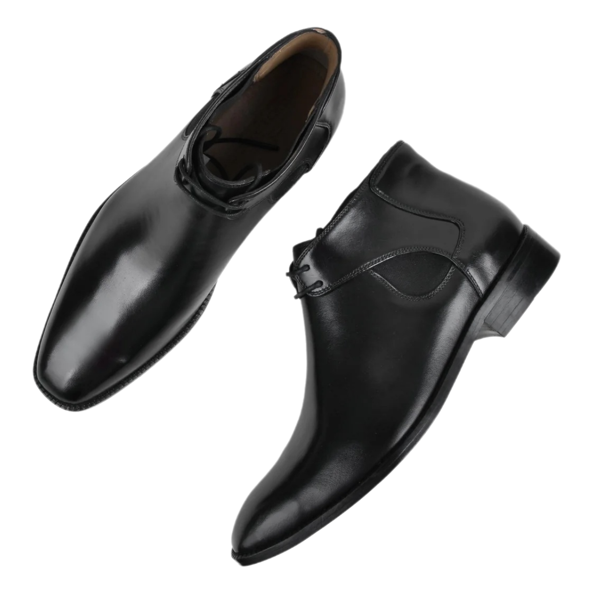 Men’s black lace elastic boots showcasing sleek silhouette and flexible elastic side panels