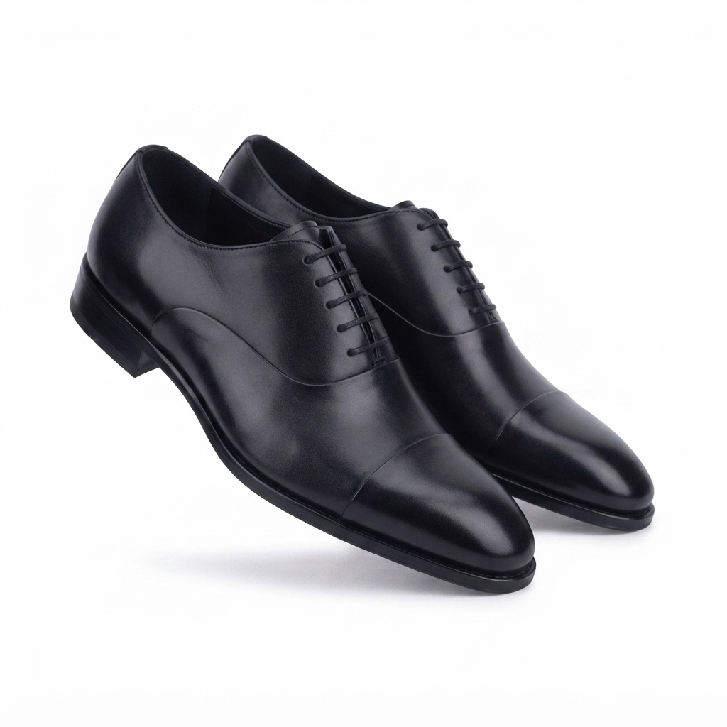 Angled view of black leather Oxford dress shoes