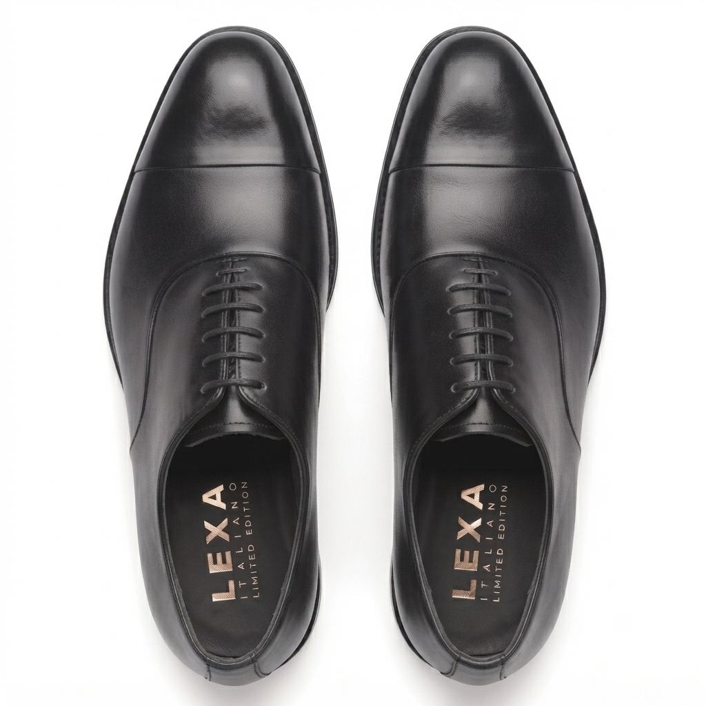 Top view of black leather Oxford shoes for men