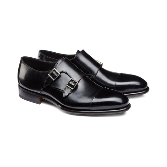 Black Leather Castle Monk Strap Shoes – Front View
