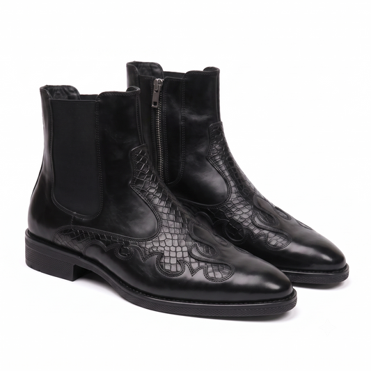 Black Leather Chelsea Boots with Croc Panel
