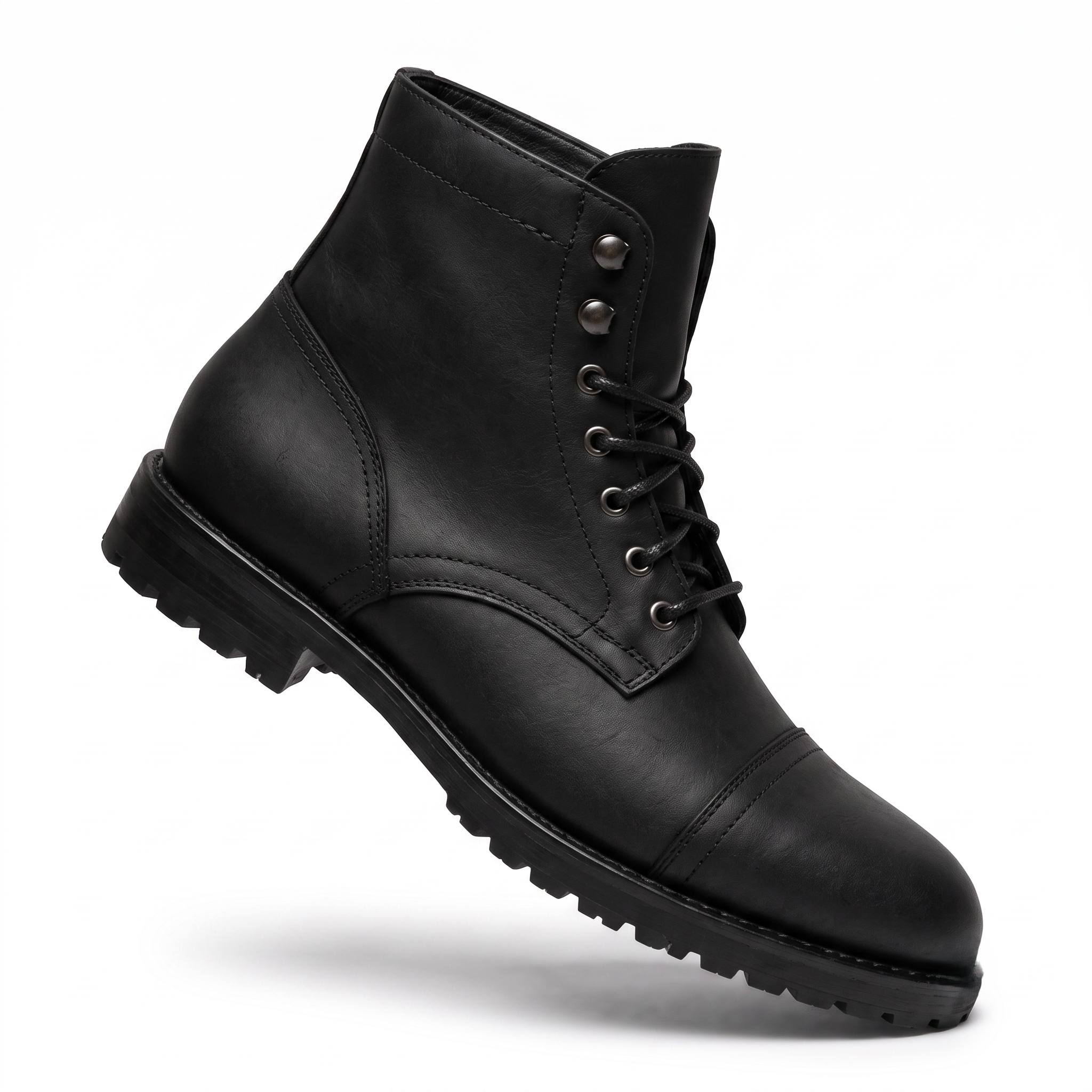 Side view of black leather lace-up ankle boot for men
