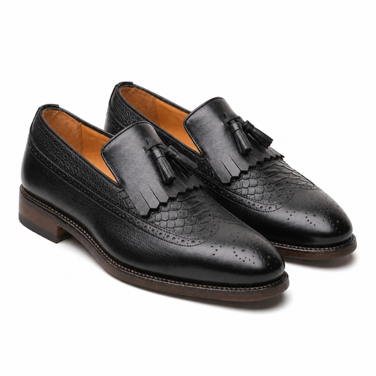 Black Leather Tassel Brogue Dress Loafers for Men