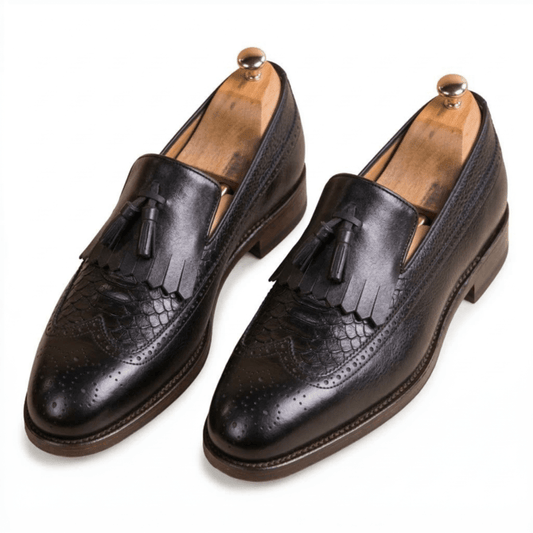 Black Leather Tassel Brogue Dress Loafers for Men