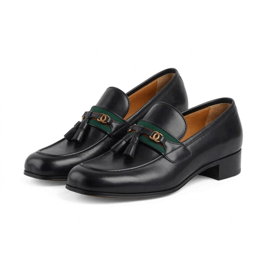 Black Leather Tassel Loafers with Horsebit Accent