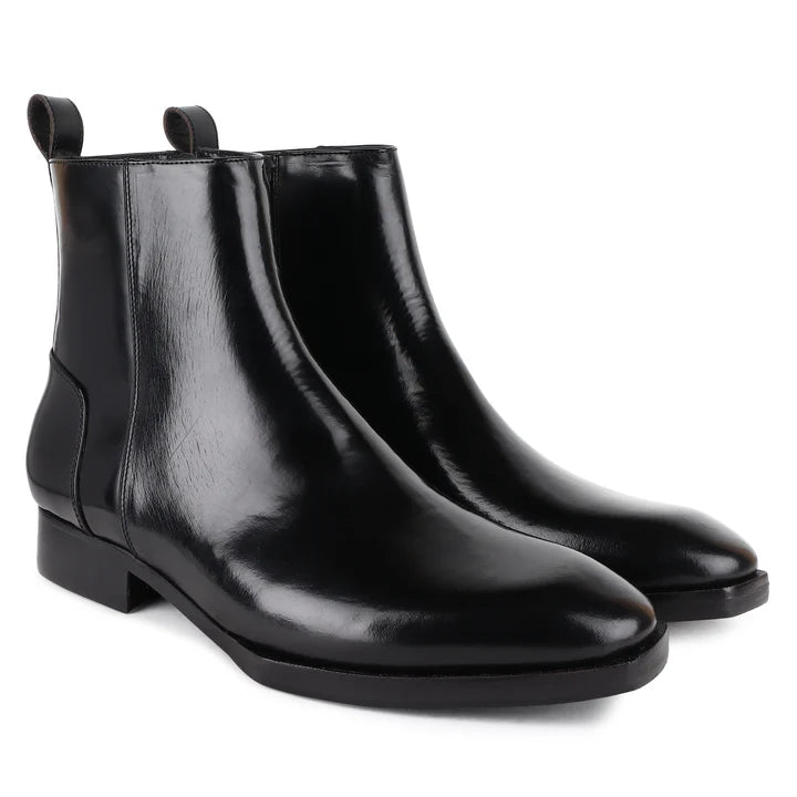 Black brushed leather spade sole zip boots for men β handcrafted luxury footwear