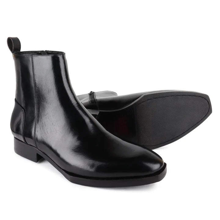 Luxury black brushed leather spade sole zip boots for men styled for formal wear