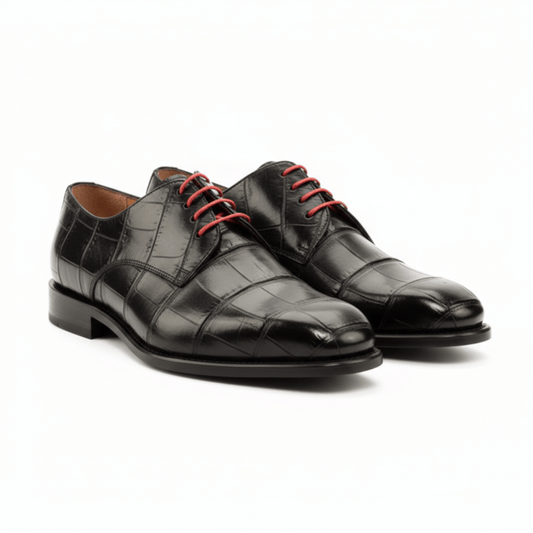 Black Croc-Embossed Leather Oxford Shoes for Men