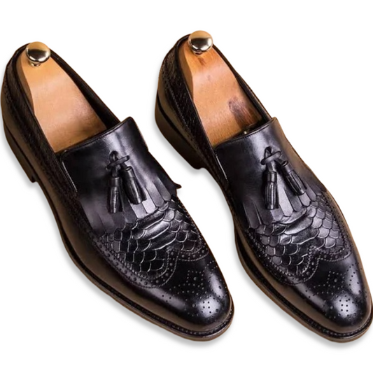 Black snake print leather Lleida loafers for men, handcrafted premium leather slip-on shoes