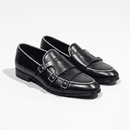Black leather double monk strap formal shoes for men angled side view