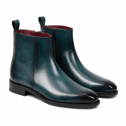 Blue Patina Leather Ankle Boots for Men