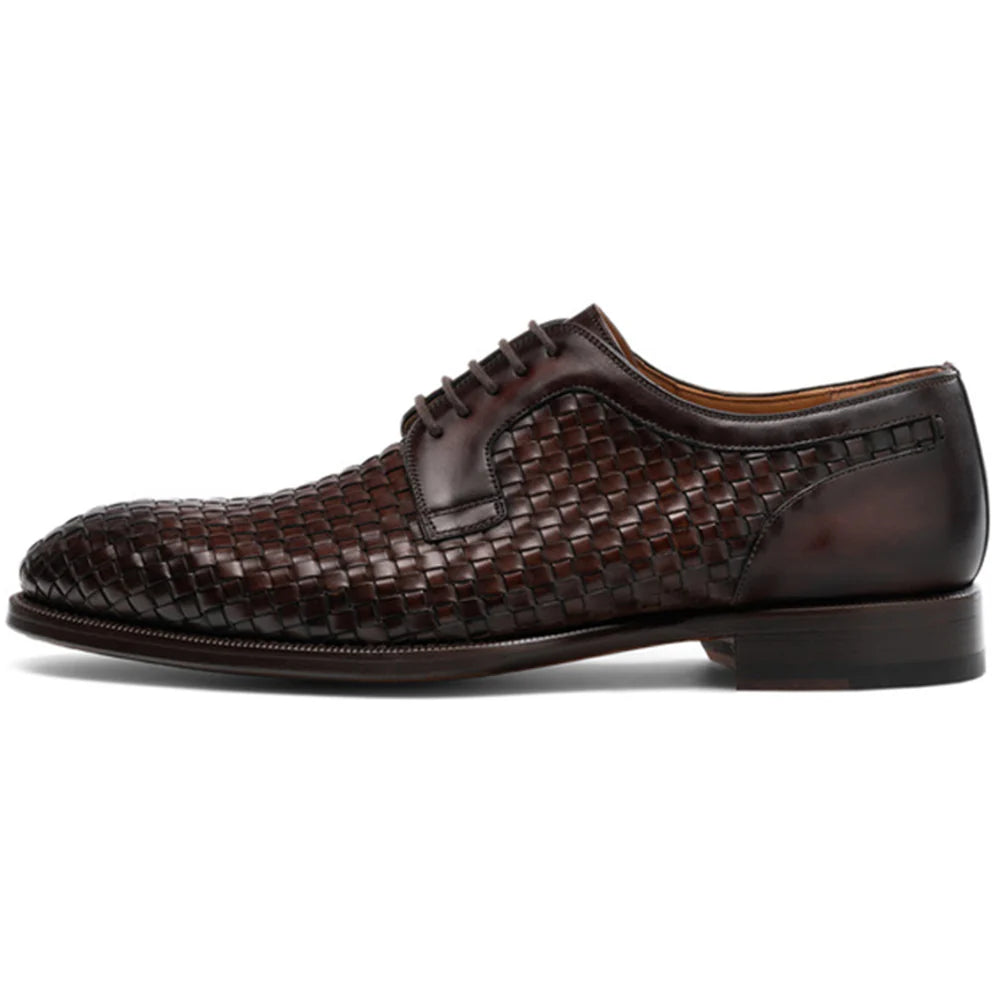 Rich brown Holloway woven leather Derby formal shoes for men with handcrafted braided detailing