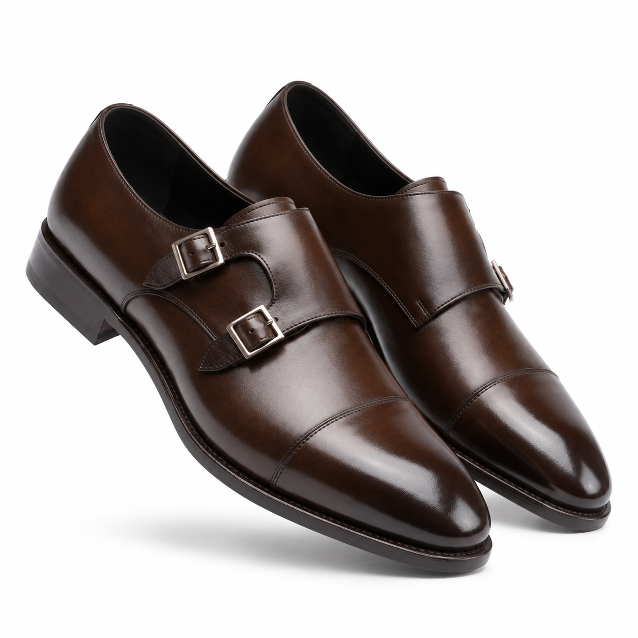 Pair of dark brown leather double monk strap shoes