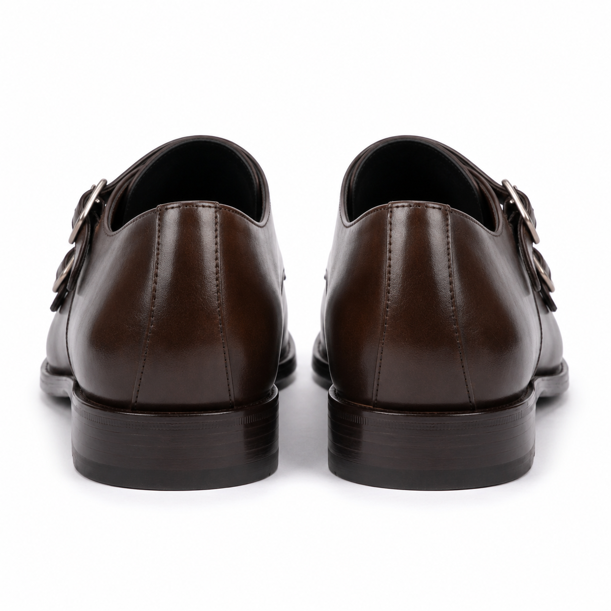 Back view of dark brown leather double monk strap shoes