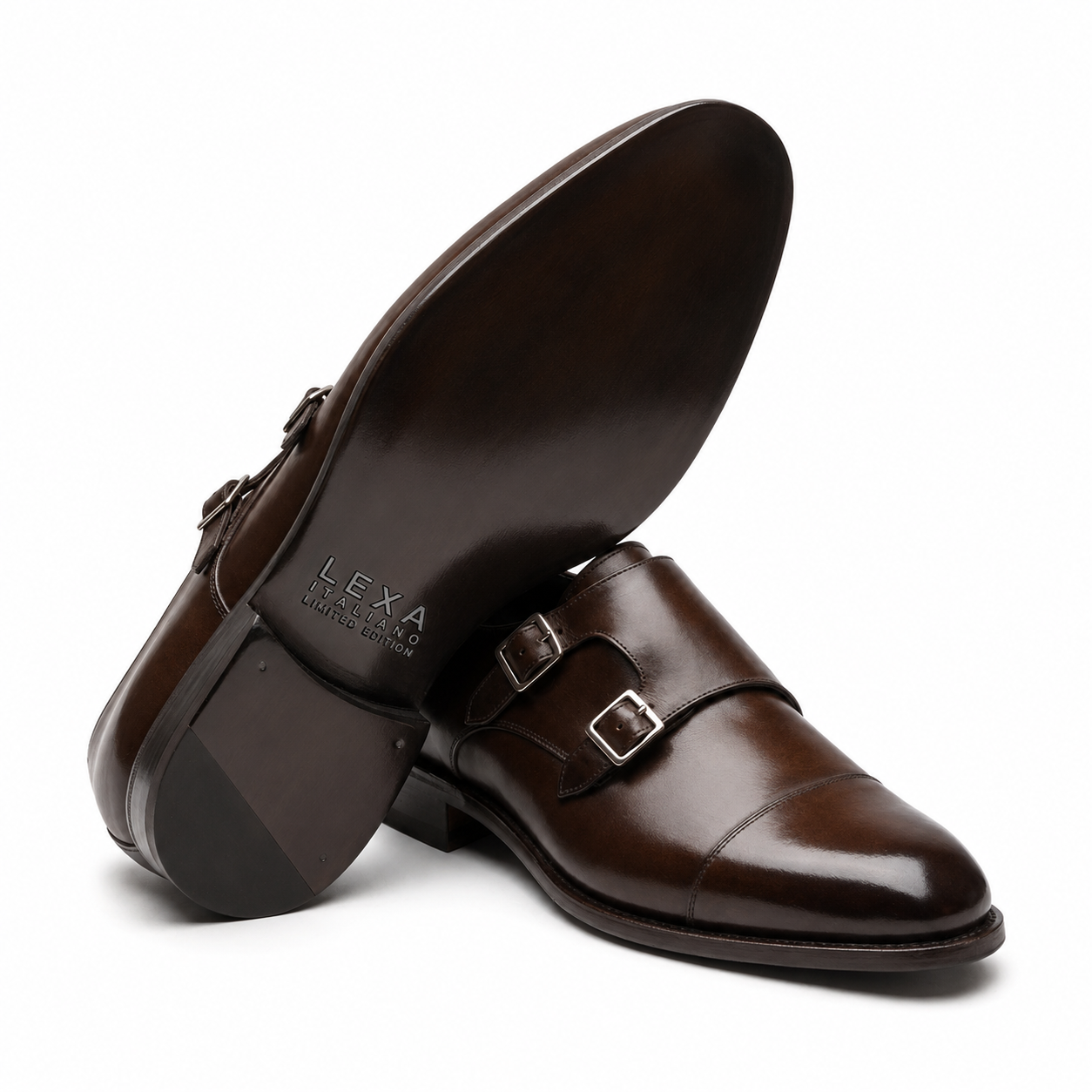 Sole view of dark brown leather double monk strap shoe
