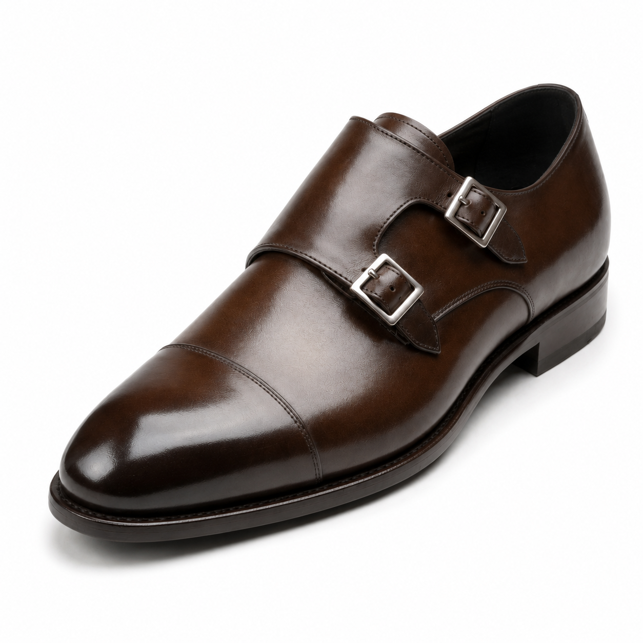 Angled view of dark brown leather double monk strap shoe