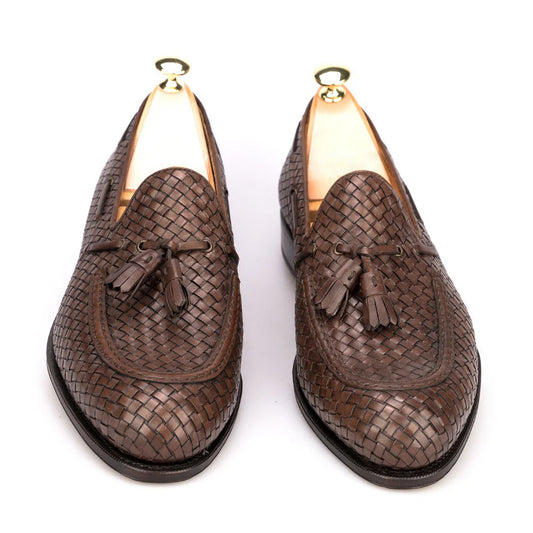 Brown hand woven braided leather Acton tassel loafers for men, handcrafted premium footwear