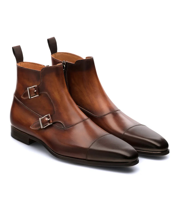 Brown leather Bordeaux monk strap boots for men featuring zipper closure and elegant strap design