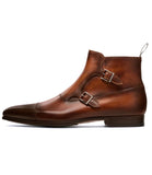 Men’s brown leather monk strap boots showcasing side zipper, sleek profile and premium finish