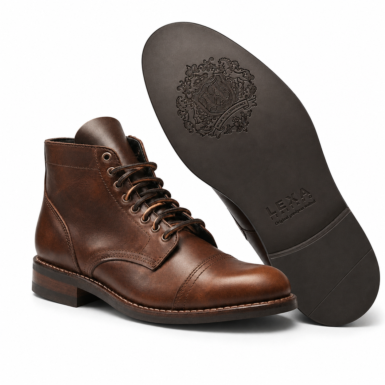 Brown leather ankle boot showing textured rubber sole
