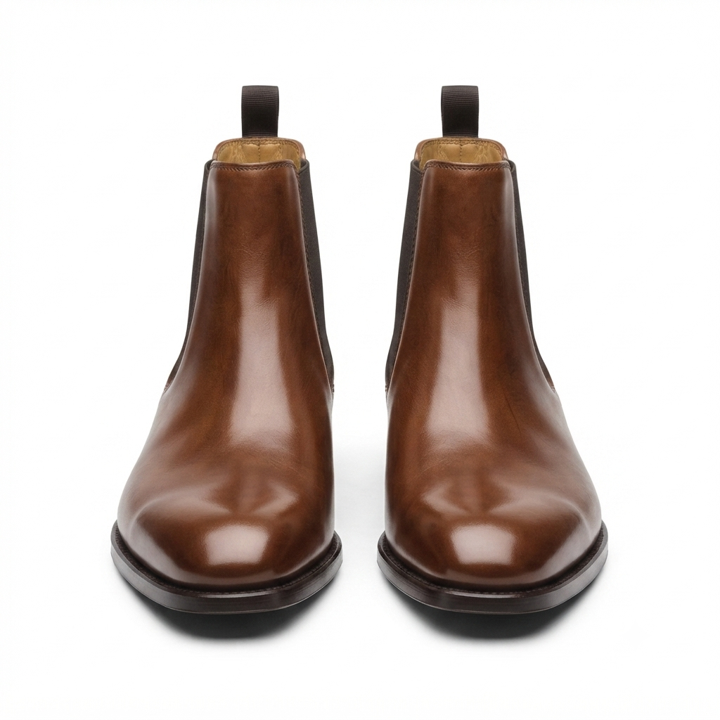 Front-facing view of a pair of brown leather Chelsea boots.