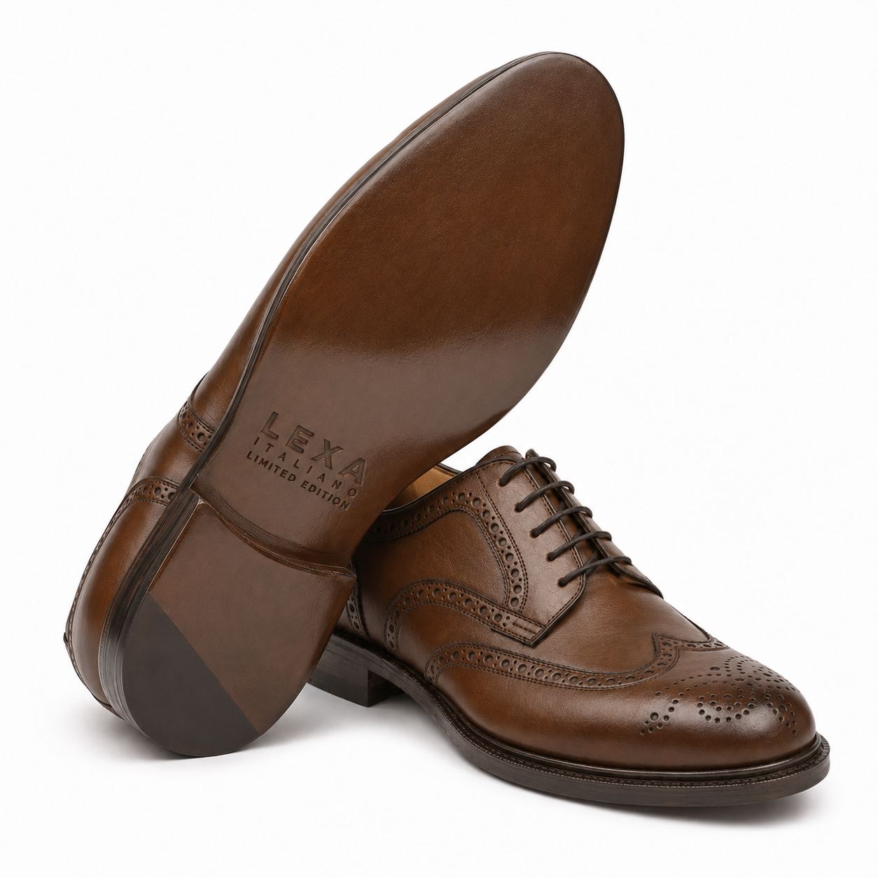 Angled view of brown leather Derby shoes showing leather soles