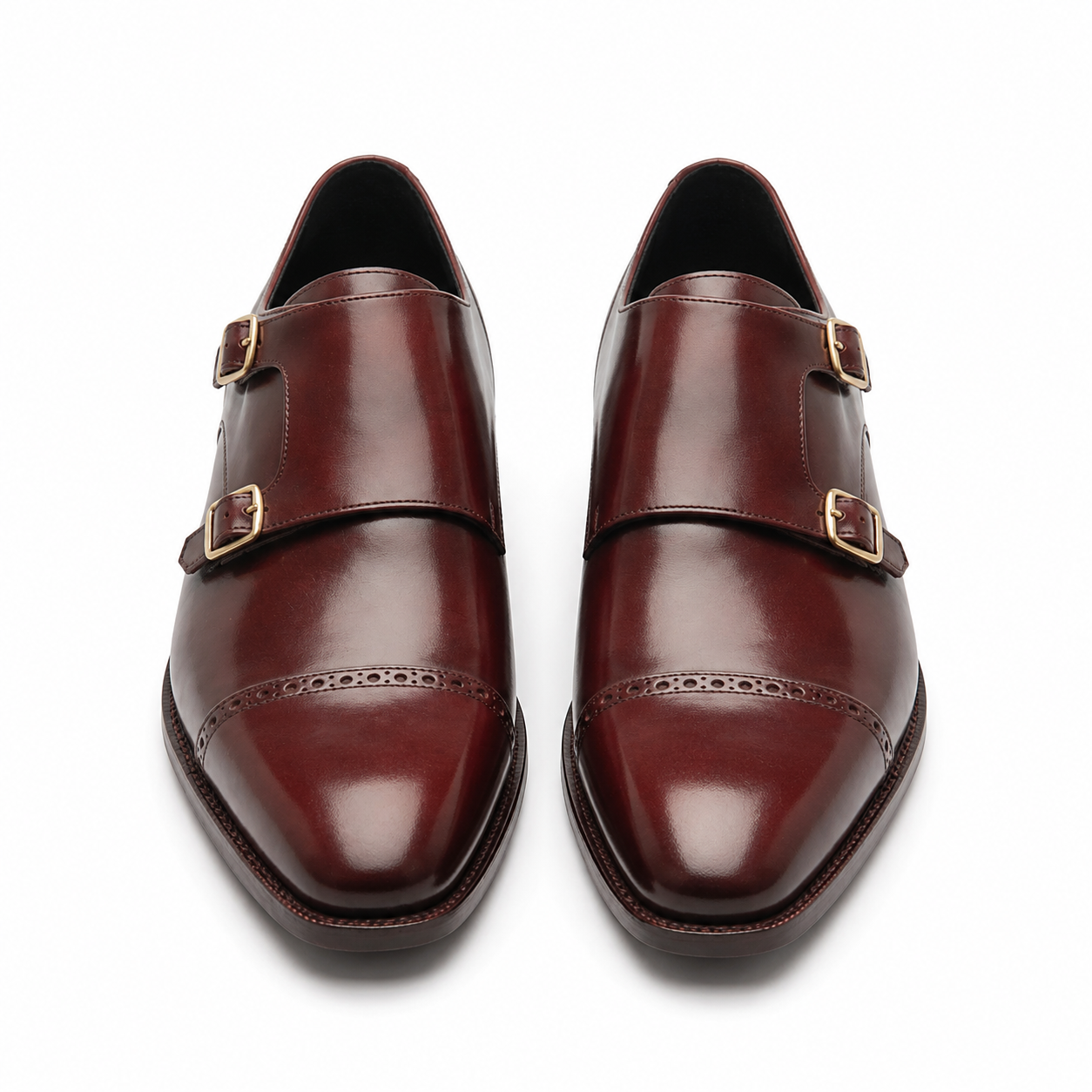 Front view of dark brown leather double monk strap shoes for men