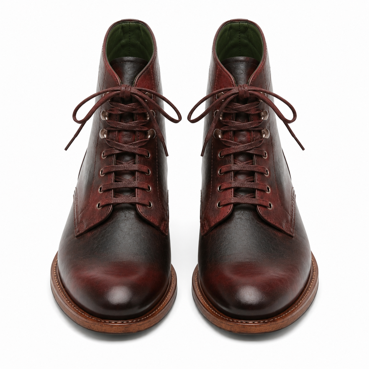 Front view of dark brown leather lace-up ankle boots