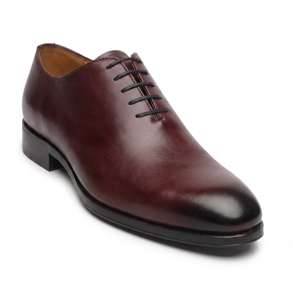 Side angle of polished brown leather Oxford formal shoes
