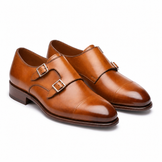 Chestnut Double Monk Strap Leather Shoes for Men