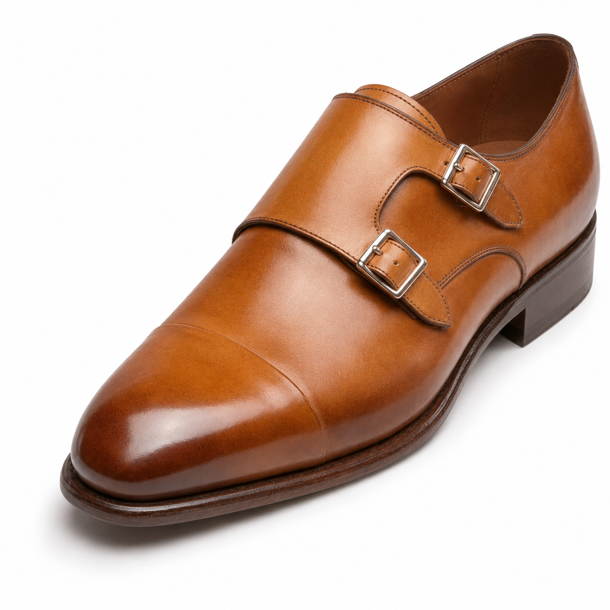 Front angled view of men's tan brown double monk strap leather shoes