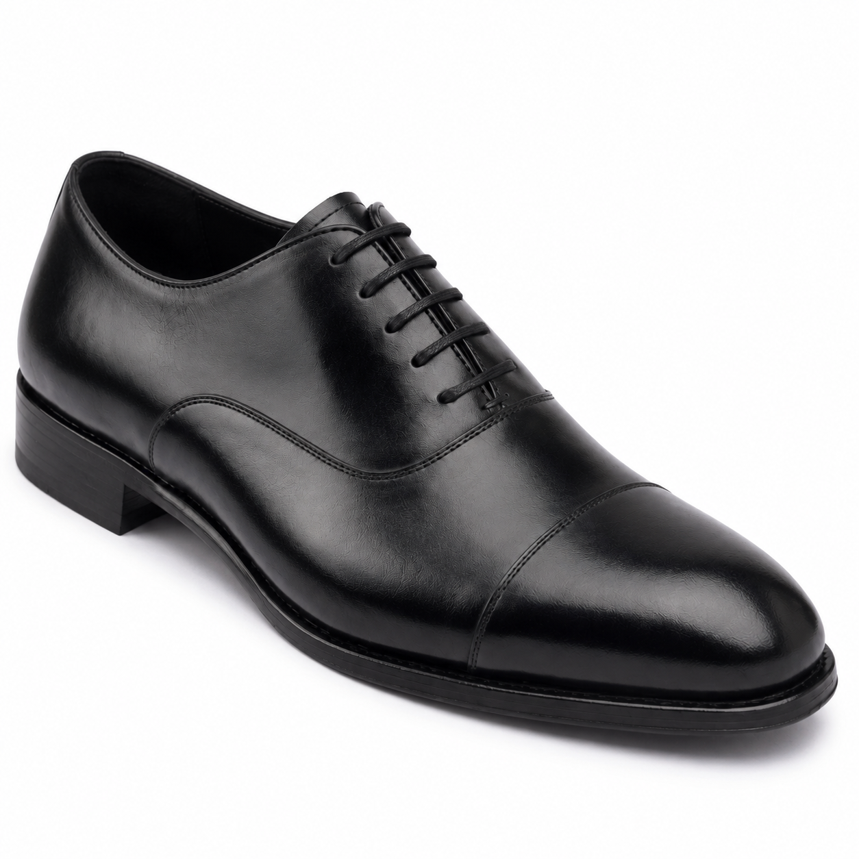 Side view of black leather dress shoe