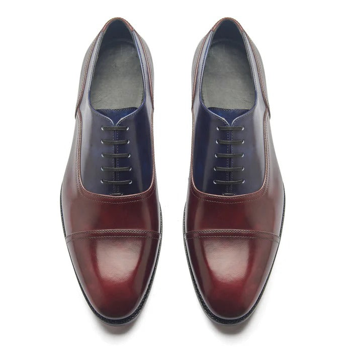 Contemporary navy and maroon Balmoral Oxford shoes – front view