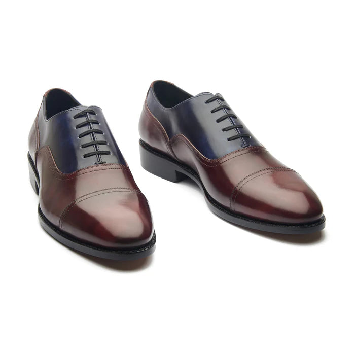 Hand-welted Balmoral Oxfords in navy & maroon museum calf – side view