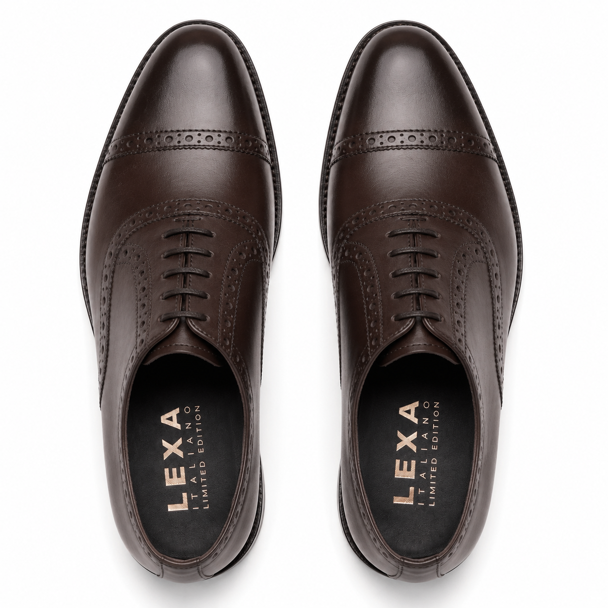 Pair of dark brown leather Oxford shoes for men viewed from above