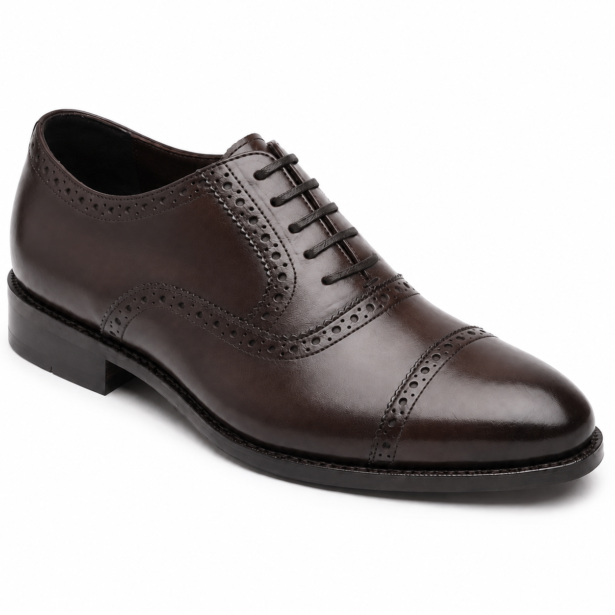 Dark brown leather Oxford shoe showing its sleek profile and polished leather upper
